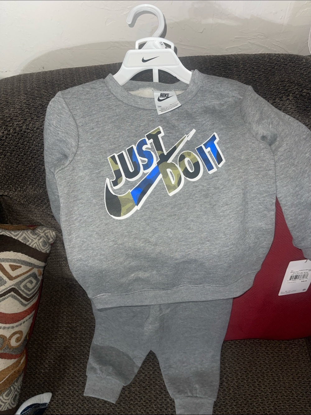 Nike Kids Gray Sweatshirt and Joggers Set with Multicolor 'Just Do It' Logo